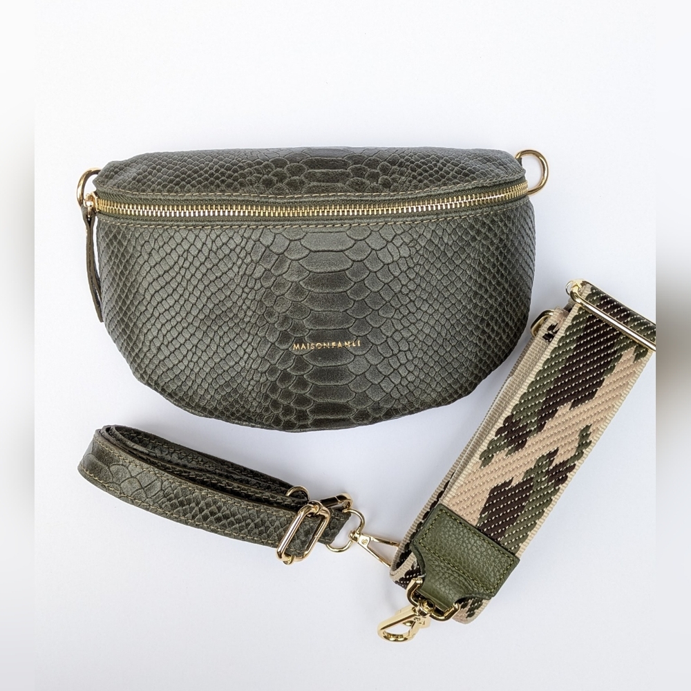 Italian Leather Animal Print Fanny Pack Green Crossbody Waist Bag | Real Leather